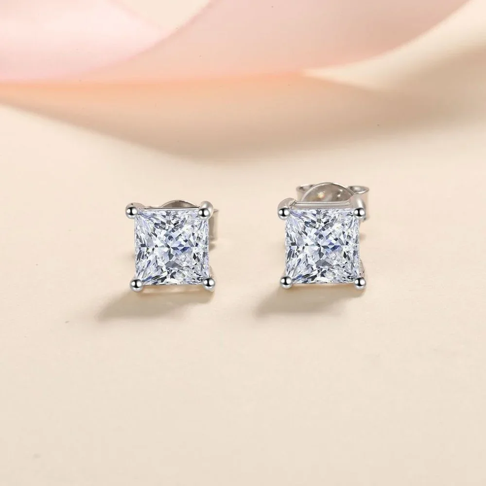 Certified 4ct. t.w. Moissanite Diamond Princess Cut Stud Earrings NEW